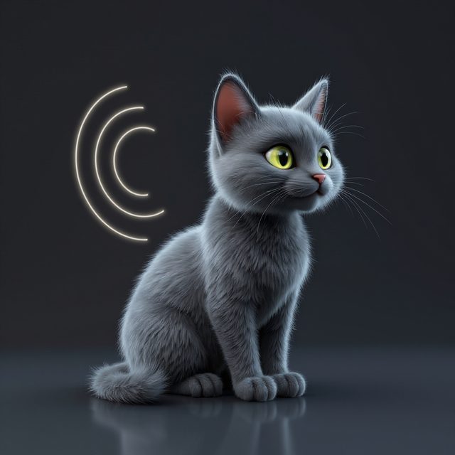 Blubie, the Blunix cat, sits in profile and listens, with glowing sound-wave arcs in the air behind its ear.